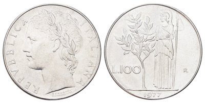 Италия 100 лир 1977 R, Афина у оливкого дерева KM 96.1 нержавеющая сталь UNC 3336-815