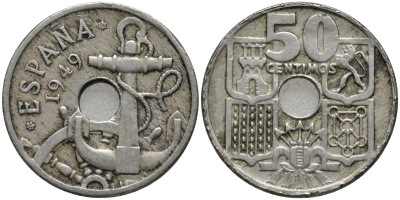 Испания 50 сентимо 1949 (56) Франко (1939-1975), морская атрибутика KM 777 медно-никель 4171-427