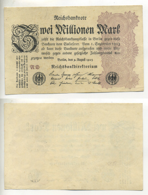 Германия 2000000 марок 1923 9 августа 1923, водяной знак L, серия RD Pick 104 b, Rosenberg 103 c бумага 7217-59-3-1