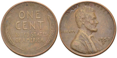 США 1 ЦЕНТ 1957 D, ЛИНКОЛЬН KM А132 медь цинк 3309-1214