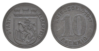 Эльберфельд 10 пфеннигов 1917 Funck 111.2, Men05 6413.2, Men18 8040.2 цинк UNC 4532-1232