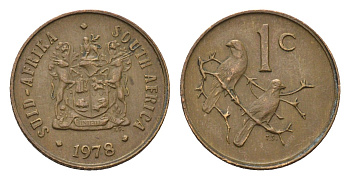 ЮАР 1 цент 1978 герб, капские воробьи KM 82 бронза 4690-1226