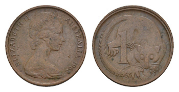 Австралия 1 цент 1968 Елизавета II (1952-2022), молодой портрет, опоссум KM 62 бронза 4655-1165