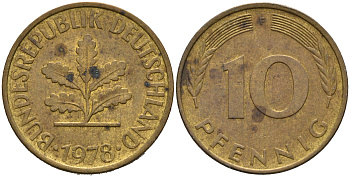 ФРГ 10 ПФЕННИГОВ 1978 F KM 108, J.383 сталь плакированная латунью 75-643