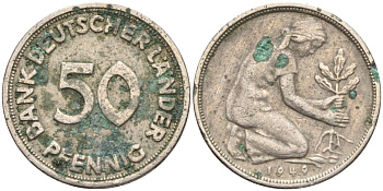 ФРГ 50 пфеннигов 1949 D KM 104, J. 379 медно-никель 4132-1154
