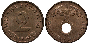 Германия 2 рейхспфеннига 1940 G, самая редкая монета этого типа J 362, KM 90 бронза UNC 00-000-00
