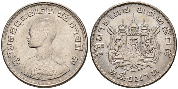 Таиланд 1 бат 1962 BE 2505, король Рама IX, молодой портрет KM 84 медно-никель UNC 189-1021