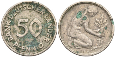ФРГ 50 пфеннигов 1949 D KM 104, J. 379 медно-никель 4132-1154