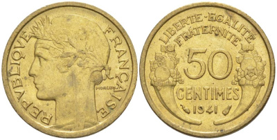 ФРАНЦИЯ 50 САНТИМОВ 1941 ТИП MORLON KM 894.1, LE FRANC 192.18 алюминиевая бронза 44-627