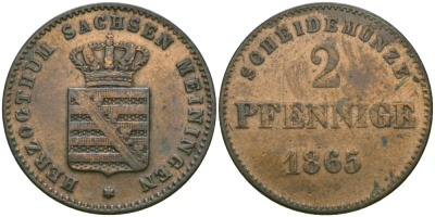 Саксен-Мейнинген 2 пфеннига 1865 Бернгард II (1803-1866) KM 171 медь 99-647