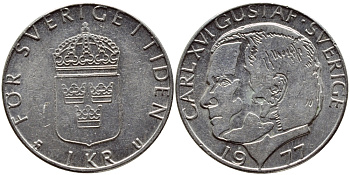 Швеция 1 крона 1977 Карл XVI Густав (1973- ) KM 852 медь плакированная медно-никелем 4397-522