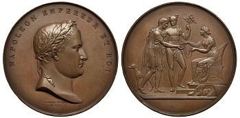 Франция медаль 1809 Наполеон I Бонопарт (1804-1814, 1815) J.P.DROZ, за банк Франции, диаметр 68,17 мм., вес 162,15 гр. Sig. Julius 2212 бронза 11-013-12-1