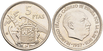 Испания 5 песет 1957(74) Франциско Франко (1939-1975) KM 786 медно-никель UNC 4583-1135