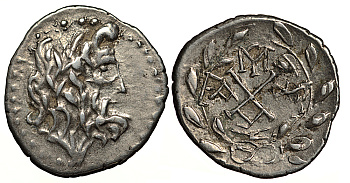 Ахейский Союз, Элида гемидрахма 167-146 гг. до н.э. голова Зевса / монограммы в лавровом венке, 2,29 гр BCD Peloponnesos 682 серебро 1073-11-84