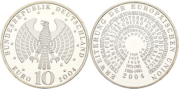 ФРГ 10 евро 2004 G, расширение Евросоюза KM 231, DE.S 10.14 серебро PROOF 1066-11-32