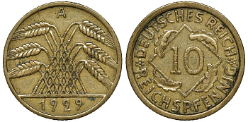 ГЕРМАНИЯ 10 РЕЙХСПФЕННИГОВ 1929 A, KM 40, J. 317 алюминиевая бронза 72-1557