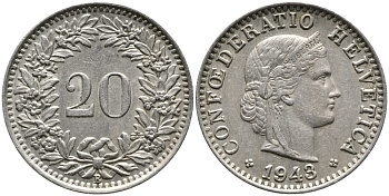 ШВЕЙЦАРИЯ 20 РАППЕНОВ 1943 В KM 29а медно-никель 4539-543