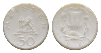 Майсен 30 пфеннигов 1921 Men05 16521.5, Men18 20725.5, Scheuch 168n фарфор 1094-7-13