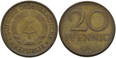 ГДР 20 пфеннигов 1969 A, первый год KM 11 латунь 92-937