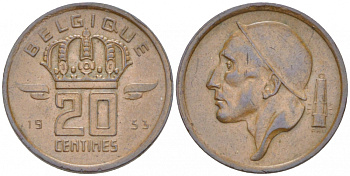 БЕЛЬГИЯ 20 САНТИМОВ 1953 BELGIQUE KM 146 бронза 3718-238