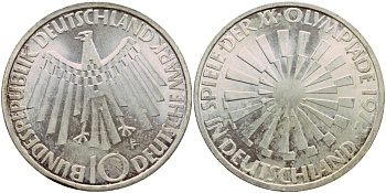 ФРГ 10 МАРОК 1972 F, ОЛИМПИАДА, СПИРАЛЬ J 401b, KM 134.1 серебро aUNC 1522-333