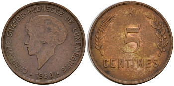 Люксембург 5 сантимов 1930 Шарлотта (1918-1964) KM 40 бронза 4602-419