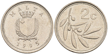 Мальта 2 цента 1995 оливковая ветвь KM 94 медно-никель 188-1149