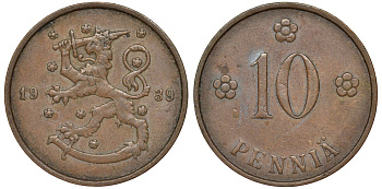 Финляндия 10 пенни 1939 KM 24 медь 51-3143