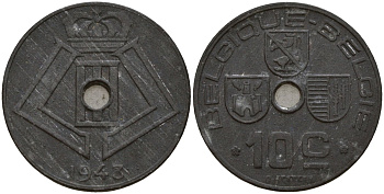 Бельгия 10 сантимов 1943 Belgique - Belgie, Леопольд III (1934-1947), германская оккупация, Вторая мировая война KM 125 цинк 4161-326