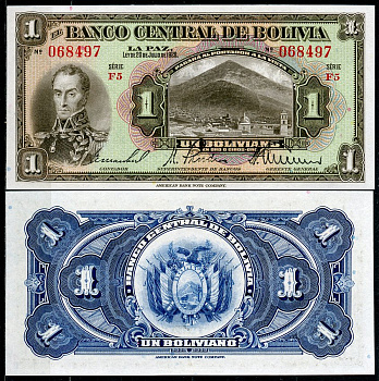Боливия 1 боливиано 1928 серия F5, Симон Боливар, Потоси Pick 118 a (5-1)  бумага  UNC (пресс) 446-46-3