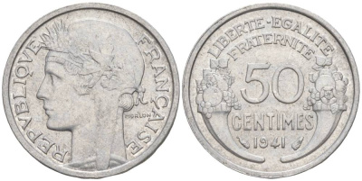ФРАНЦИЯ 50 САНТИМОВ 1941 ТИП MORLON LOURDE KM 894.1a, LE FRANC 193.2 алюминий 44-212