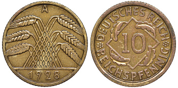 Германия 10 рейхспфеннигов 1928 A KM 40, J. 317 алюминиевая бронза 4604-712