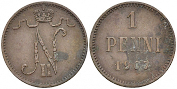 РОССИЯ ДЛЯ ФИНЛЯНДИИ 1 ПЕННИ 1907 НИКОЛАЙ II KM 13, Биткин 468 медь 4396-1333