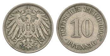 Германия 10 пфеннигов 1905 A, Вильгельм II (1888-1918) KM 12, J. 13 медно-никель 4644-1158
