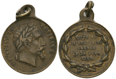 ФРАНЦИЯ МЕДАЛЬ 1859 ПОСВЕЩЕНА ПОБЕДЕ ФРАНКО-САРДИНСКОЙ АРМИИ ПРОТИВ АВСТРИИ ПРИ СОЛЬФЕРИНО 24 ИЮНЯ 1859 ГОДА, ИМПЕРАТОР НАПОЛЕОН III, С КОЛЬЦОМ ДЛЯ НОСКИ, ДИАМЕТР 13 ММ. бронза 99-516