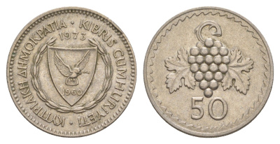 Кипр 50 милей 1973 виноградная гроздь KM 41 медно-никель 4650-721