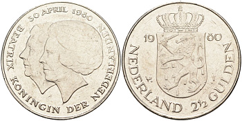 Нидерланды 2 1/2 гульдена 1980 коронация Беатрикс, 30 апреля 1980 KM 201 никель 4593-623