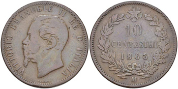 ИТАЛИЯ 10 ЧЕНТЕЗИМО 1866 M, МОНДВОР МИЛАН, ВИКТОР ЭММАНУИЛ II (1861-1878) KM 11.1 медь 4526-746