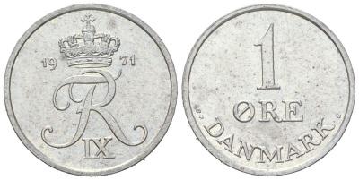 Дания 1 эре 1971 C; S, Фредерик IX (1947-1972) KM 839.2 цинк aUNC 3955-465
