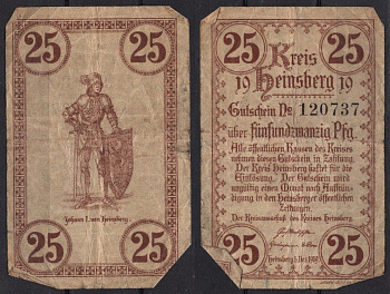 Германия, Хайнсберг 25 пфеннигов 1919 Нотгельд Gra H25.1b бумага 7556-42-3-1