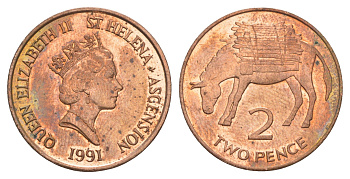 Острова Святой Елены и Вознесения 2 пенса 1991 KM 12 бронза UNC 603-1441
