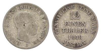 Ганновер 1/12 талера 1848 B, Эрнст Август I (1837-1851) KM 206, AKS 115, J. 78 серебро    1530-1023