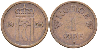 НОРВЕГИЯ 1 ЭРЕ 1956 ХАКОН VII (1905-1957) KM 398 бронза 211-1164