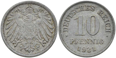 ГЕРМАНИЯ 10 ПФЕННИГОВ 1921 KM 26, J. 299 цинк 4401-156