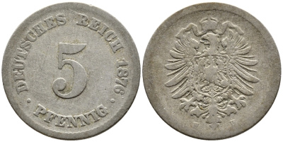 ГЕРМАНИЯ 5 ПФЕННИГОВ 1876 B, СТАРОГЕРБОВКА KM 3, J.3 медно-никель 4387-742