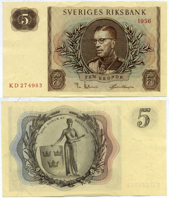 Швеция 5 крон 1956 GG Pick 42c бумага aUNC 00-00