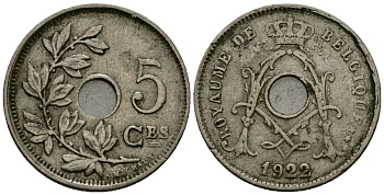 Бельгия 5 сантимов 1922 Belgique KM 66 медно-никель 4173-462
