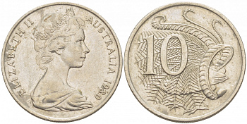 Австралия 10 центов 1980 Елизавета II (1952-), птица лирахвост KM 65 медно-никель 3457-647