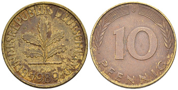ФРГ 10 пфеннигов 1989 J KM 108 сталь плакированная латунью 4577-433