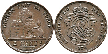 БЕЛЬГИЯ 2 САНТИМА 1870 KM 35.1 медь 3334-457